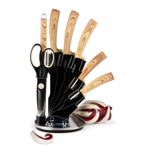 Ceppo con 5 coltelli, forbice, affilacoltelli, legno