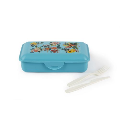 Contenitore portapranzo con posate, floreale, azzurro