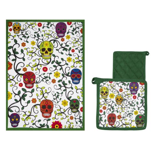 Canovaccio e presina, 100% cotone, multicolore, teschi